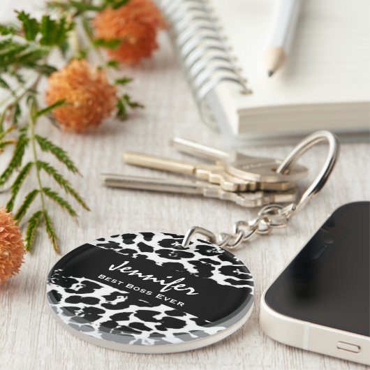 最も最高のなボスの名前をカスタムするの白黒のヒョウ キーホルダー (正面右)