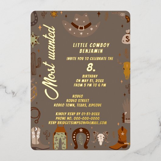 最も望まれているテキサス州カウボーイ誕生日 箔招待状 (正面)