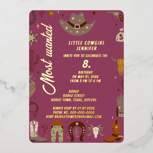 最も望まれている小さなテキサス州女性のカーボーイ誕生日 箔招待状 (正面)