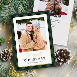 最も楽しいクリスマスのハンターグリーンのチェック柄の写真 箔シーズンカード