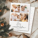 最も楽しいクリスマスツリーのモダン写真コラージュ シーズンカード<br><div class="desc">シンプルなモダンな4枚の写真コラージュのホリデーカードに、かわいい遊び心のあるスクリプトでMERRIEST CHRISTMASと読み、ハートのつながりを手書きでつなげた、かわいい雪の降るツリーのイラストが描かれています。 あなたのカスタム写真4枚とメッセージを入れるスペースがあります。 裏面には、きれいなミニマリストのドットパターンがあります。</div>