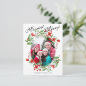 最も楽しい赤の水彩花のクリスマス写真 シーズンポストカード (スタンド正面)