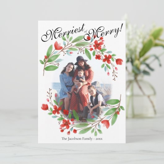 最も楽しい 赤と緑の水彩クリスマス写真 シーズンカード (スタンド正面)
