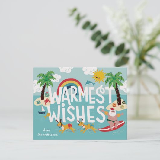 最も温かい願い 面白いサーフィンサンタとビーチ シーズンカード (スタンド正面)