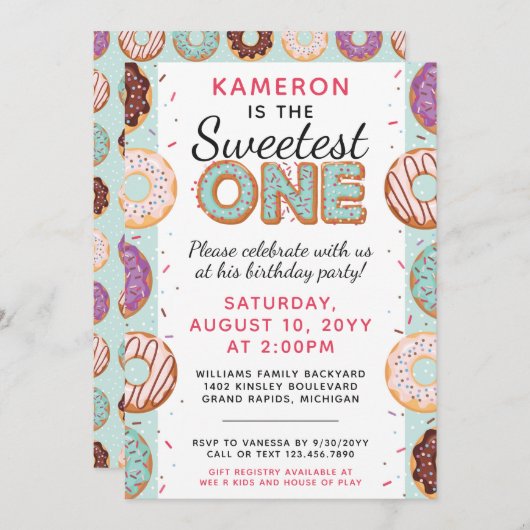 最も甘いひと 青い氷のドーナツ 赤ちゃんの初めての誕生日 招待状 (正面/裏面)