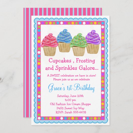 最も甘いカップケーキの誕生日の招待状 招待状 (正面/裏面)