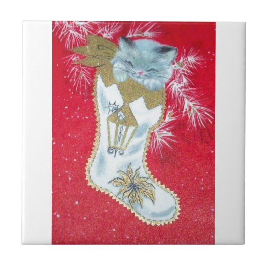 最も甘いヴィンテージの世紀半ばのクリスマスの子ネコ タイル (正面)