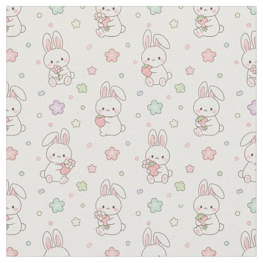 最も甘い夢: かわいいウサギとイチゴ ファブリック (クローズアップ)