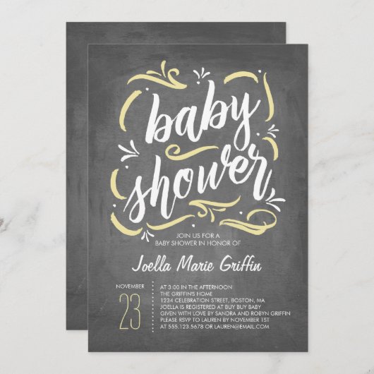 最も甘い黒板ベビーシャワー招待状|イエロ 招待状 (正面/裏面)