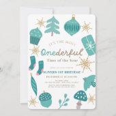 最も素晴らしい時間クリスマスグリーンの最初の誕生日 招待状 (正面)