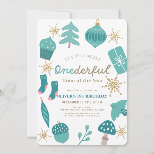 最も素晴らしい時間クリスマスグリーンの最初の誕生日 招待状 (正面)