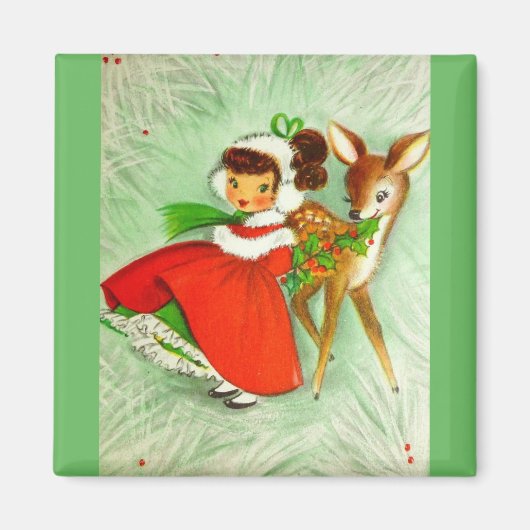 . .最も美しいビンテージのクリスマス鹿と少女 マグネット (正面)
