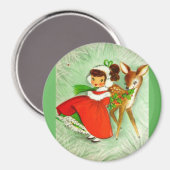 最も美しいヴィンテージクリスマスディアー&ガール マグネット (正面/裏面)