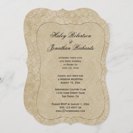 最も薄いゴールド タン ダマスク 受付のみ 招待状 (正面/裏面)