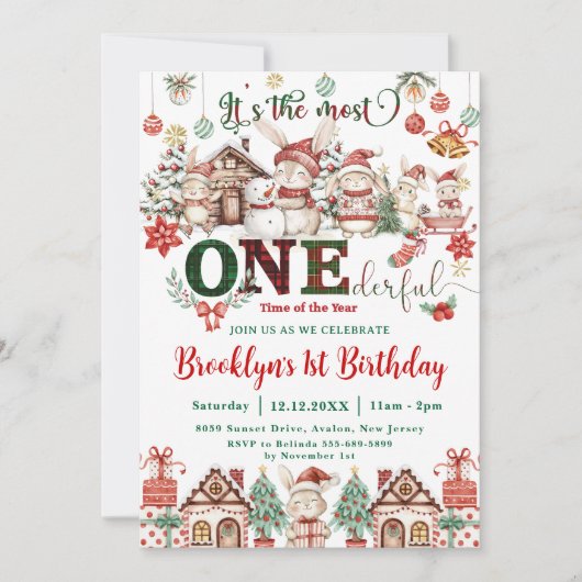 最も親しみやすいクリスマスの最初の誕生日の家具 招待状 (正面)
