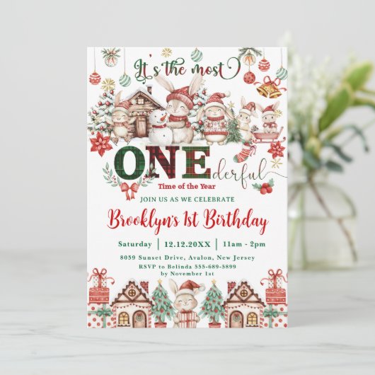 最も親しみやすいクリスマスの最初の誕生日の家具 招待状 (スタンド正面)