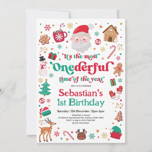 最も親しみやすいクリスマスサンタボーイ1歳の誕生日 招待状 (正面)