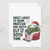 最も飲みやすい抹茶と時計の小妖精や小人クリスマス サンキューカード (正面/裏面)