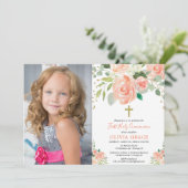 最初にモモの金ゴールドの花柄の聖餐式の女の子の写真 招待状 (スタンド正面)