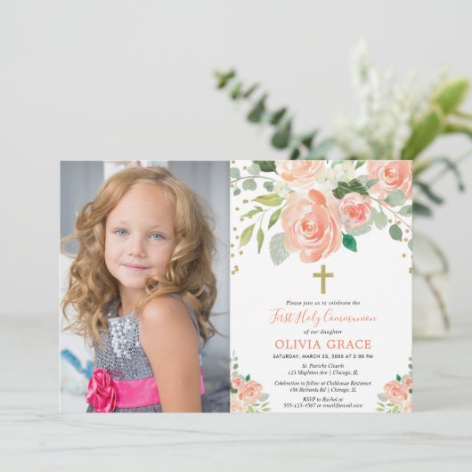 最初にモモの金ゴールドの花柄の聖餐式の女の子の写真 招待状 (スタンド正面)