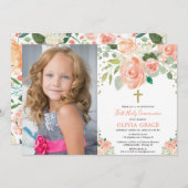 最初にモモの金ゴールドの花柄の聖餐式の女の子の写真 招待状 (正面/裏面)