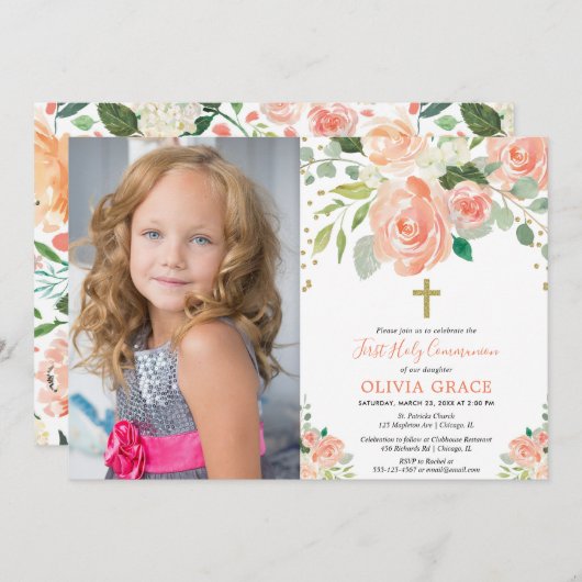 最初にモモの金ゴールドの花柄の聖餐式の女の子の写真 招待状 (正面/裏面)