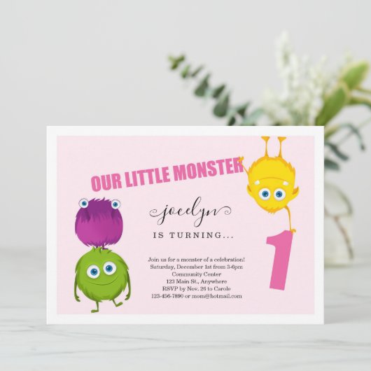 最初に女の子のモンスターの第1誕生日のパーティの招待状 サンキューカード (スタンド正面)