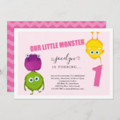 最初に女の子のモンスターの第1誕生日のパーティの招待状 サンキューカード (正面/裏面)