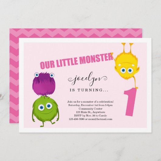 最初に女の子のモンスターの第1誕生日のパーティの招待状 サンキューカード (正面/裏面)