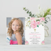 最初に女の子の花柄の聖餐式の赤面のピンクの写真 招待状 (スタンド正面)