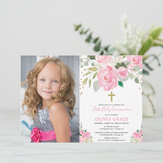 最初に女の子の花柄の聖餐式の赤面のピンクの写真 招待状 (スタンド正面)