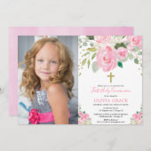 最初に女の子の花柄の聖餐式の赤面のピンクの写真 招待状 (正面/裏面)