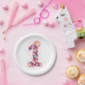 最初に女の赤ちゃんの第1誕生日のピンクの花1 ペーパープレート (パーティー)