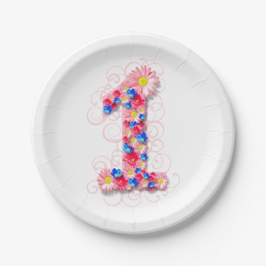 最初に女の赤ちゃんの第1誕生日のピンクの花1 ペーパープレート (正面)