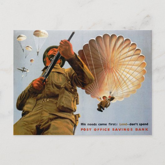 最初に彼のニーズを満たす英国の来Paratrooper ポストカード (正面)
