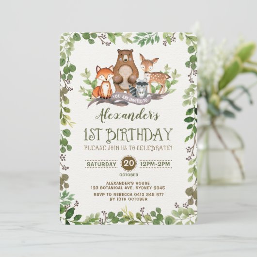 最初に森林森林動物の第1誕生日の招待 招待状 (スタンド正面)