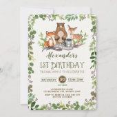 最初に森林森林動物の第1誕生日の招待 招待状 (正面)
