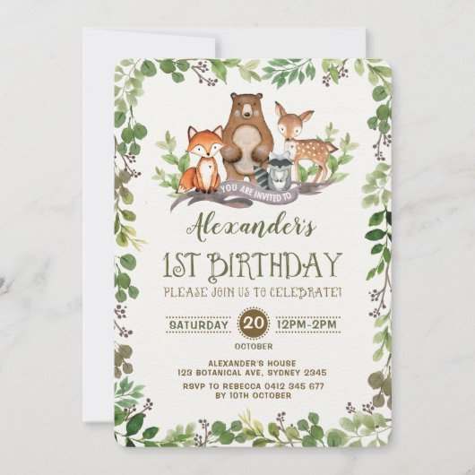 最初に森林森林動物の第1誕生日の招待 招待状 (正面)