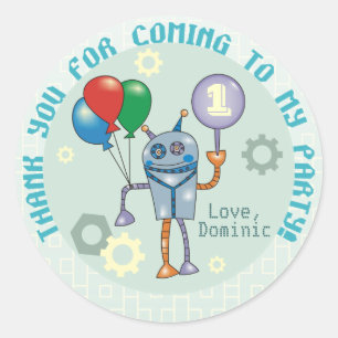 最初に気球の誕生日のステッカーが付いているかわいいロボット ラウンドシール