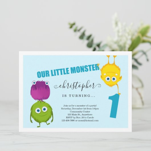 最初に男の子のモンスターの第1誕生日のパーティの招待状 サンキューカード (スタンド正面)