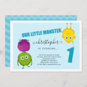 最初に男の子のモンスターの第1誕生日のパーティの招待状 サンキューカード (正面/裏面)