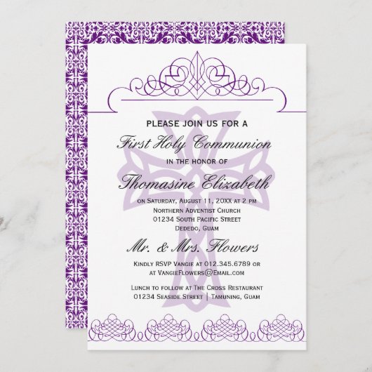 最初に紫色の聖餐式の十字の招待状 招待状 (正面/裏面)