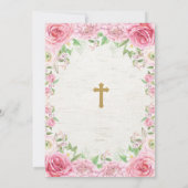 最初に花柄の聖餐式のピンク及び金ゴールドの招待 招待状 (裏面)