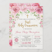 最初に花柄の聖餐式のピンク及び金ゴールドの招待 招待状 (正面/裏面)