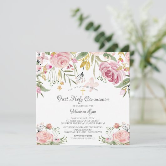 最初に赤面のピンクの花柄の聖餐式 招待状 (スタンド正面)