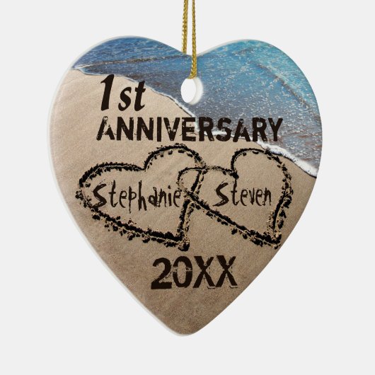 最初に、任意の記念日2つのハートの砂のオーナメント セラミックオーナメント (右)