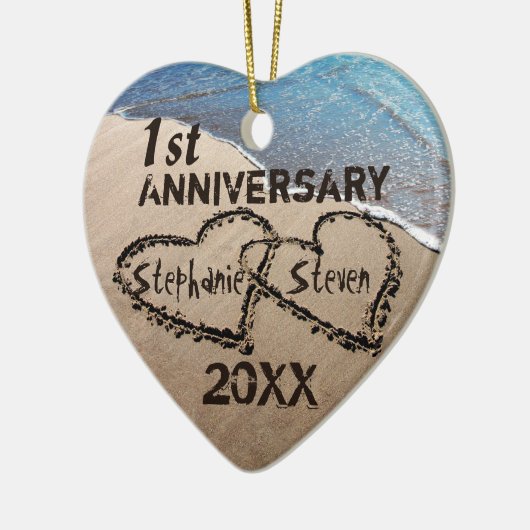最初に、任意の記念日2つのハートの砂のオーナメント セラミックオーナメント (左)