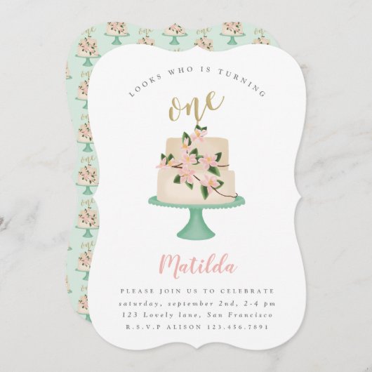 最初のお誕生日ケーキパーティの招待状 招待状 (正面/裏面)