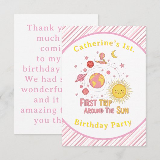 最初ののまわりに旅The Sun Girl 1st.誕生日パーティー サンキューカード (正面/裏面)