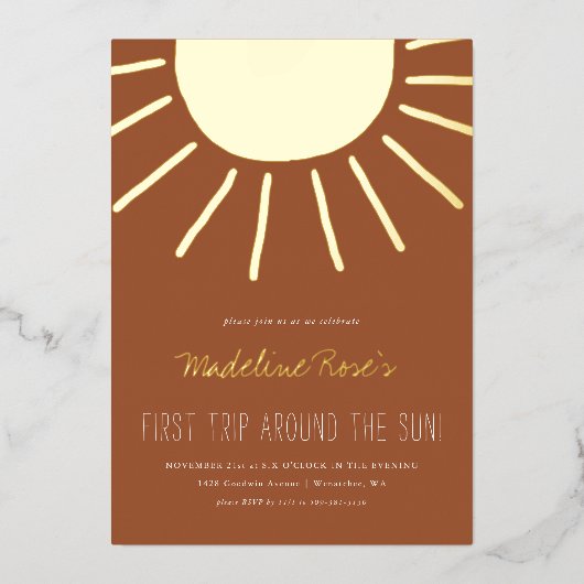 最初ののまわりに日没 | フォト誕生日 箔招待状 (正面)